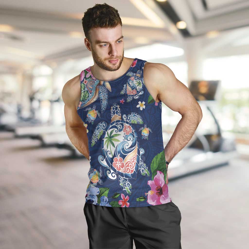 Hawaiian Turtles and Tropical Plants Men Tank Top Blue Watercolor LT03 Blue - Polynesian Pride
