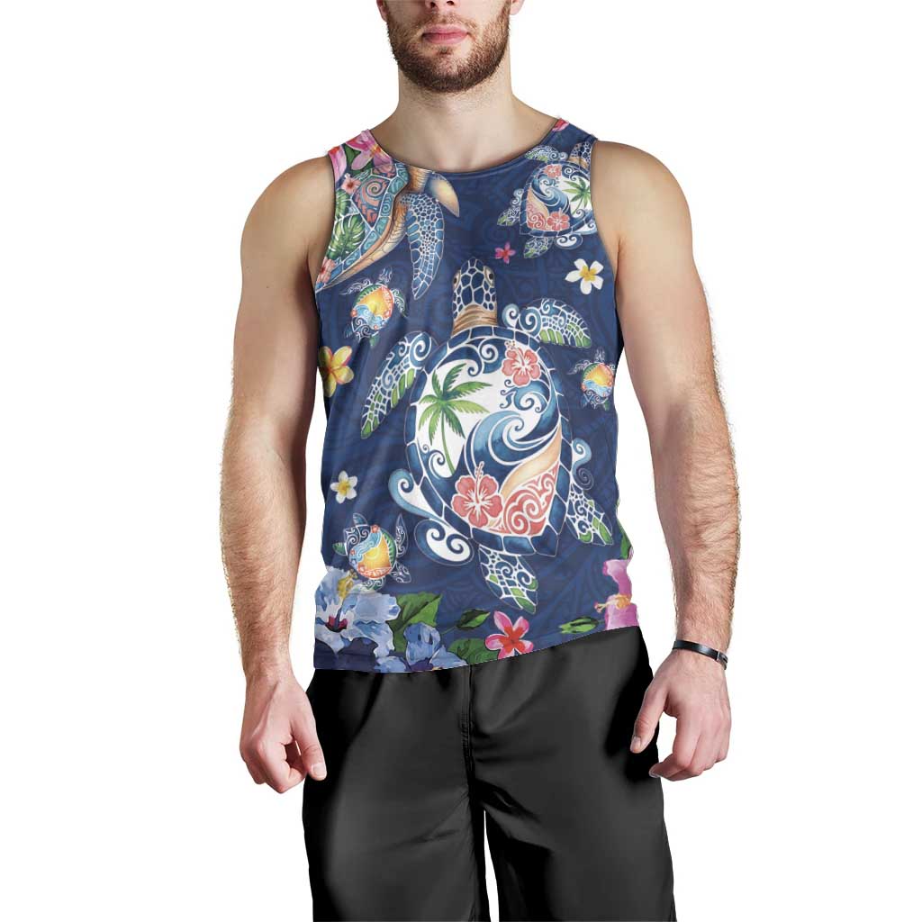 Hawaiian Turtles and Tropical Plants Men Tank Top Blue Watercolor LT03 - Polynesian Pride