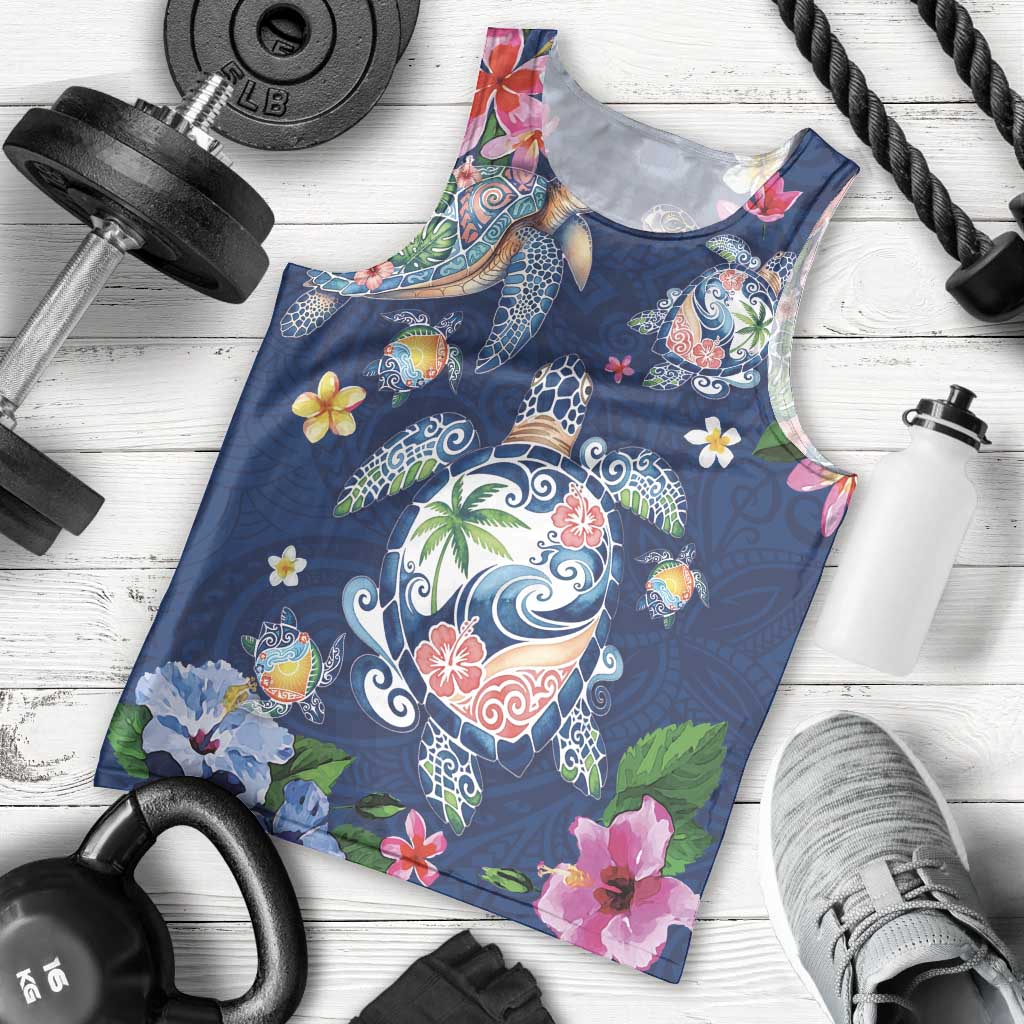 Hawaiian Turtles and Tropical Plants Men Tank Top Blue Watercolor LT03 - Polynesian Pride