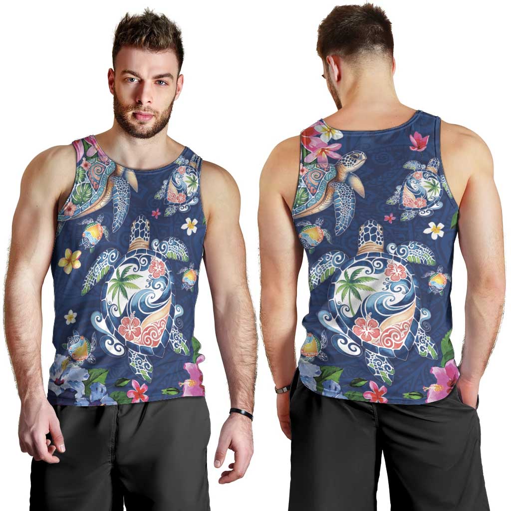 Hawaiian Turtles and Tropical Plants Men Tank Top Blue Watercolor LT03 - Polynesian Pride