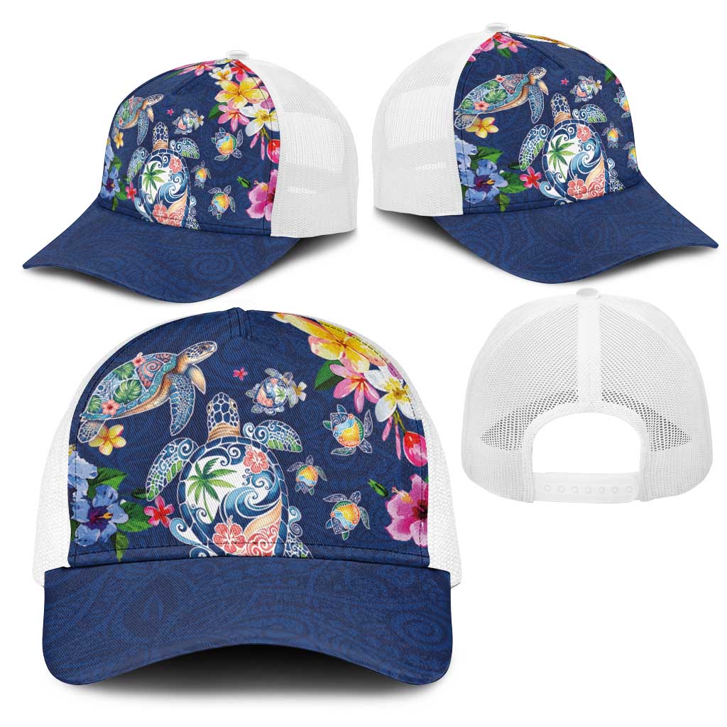 Hawaiian Turtles and Tropical Plants Mesh Trucker Cap Blue Watercolor