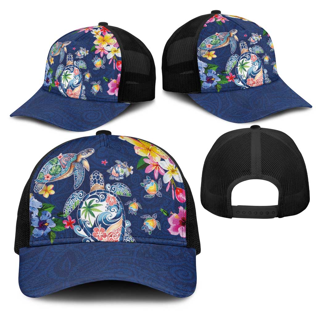 Hawaiian Turtles and Tropical Plants Mesh Trucker Cap Blue Watercolor