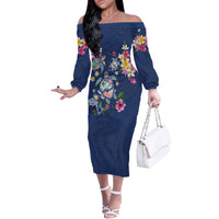 Hawaiian Turtles and Tropical Plants Off The Shoulder Long Sleeve Dress Blue Watercolor