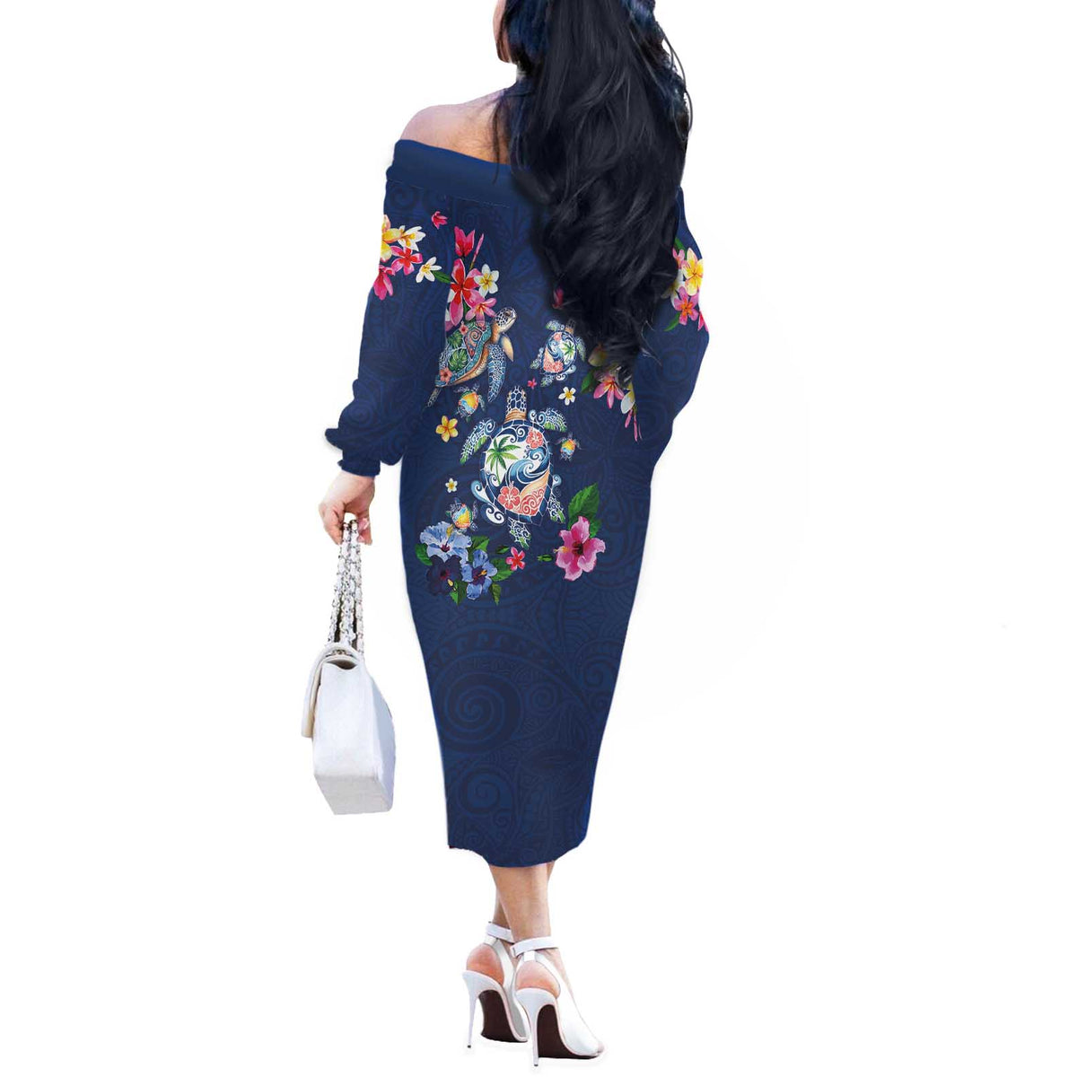 Hawaiian Turtles and Tropical Plants Off The Shoulder Long Sleeve Dress Blue Watercolor