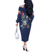 Hawaiian Turtles and Tropical Plants Off The Shoulder Long Sleeve Dress Blue Watercolor