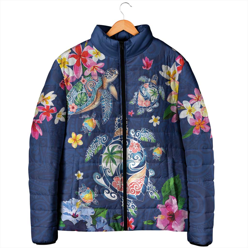 Hawaiian Turtles and Tropical Plants Padded Jacket Blue Watercolor