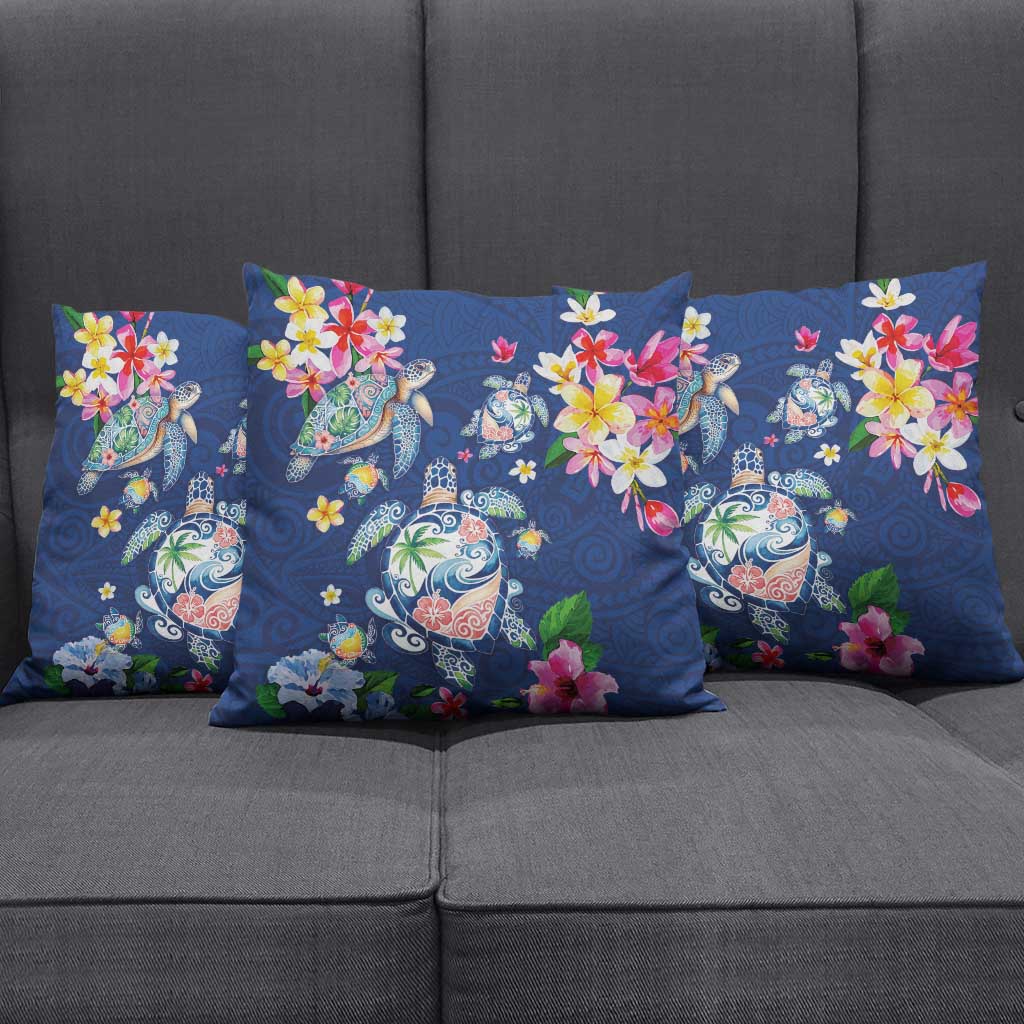 Hawaiian Turtles and Tropical Plants Pillow Cover Blue Watercolor