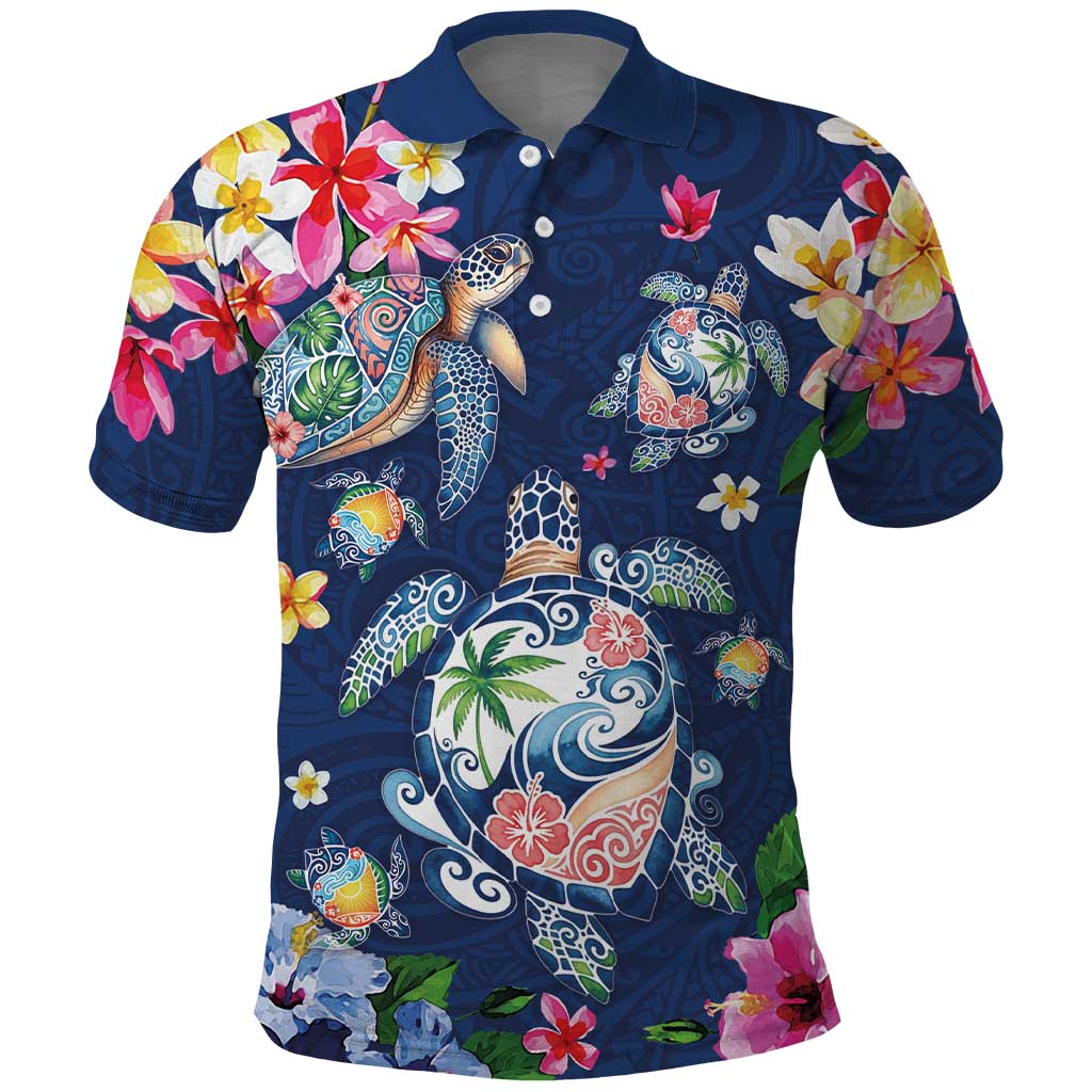 Hawaiian Turtles and Tropical Plants Polo Shirt Blue Watercolor LT03 Blue - Polynesian Pride