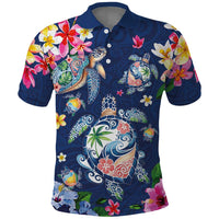 Hawaiian Turtles and Tropical Plants Polo Shirt Blue Watercolor LT03 Blue - Polynesian Pride