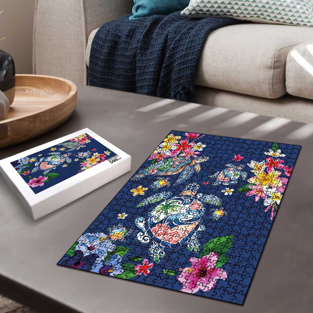 Hawaiian Turtles and Tropical Plants Puzzle Blue Watercolor