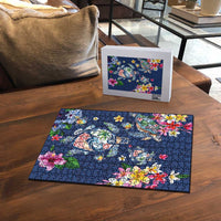 Hawaiian Turtles and Tropical Plants Puzzle Blue Watercolor