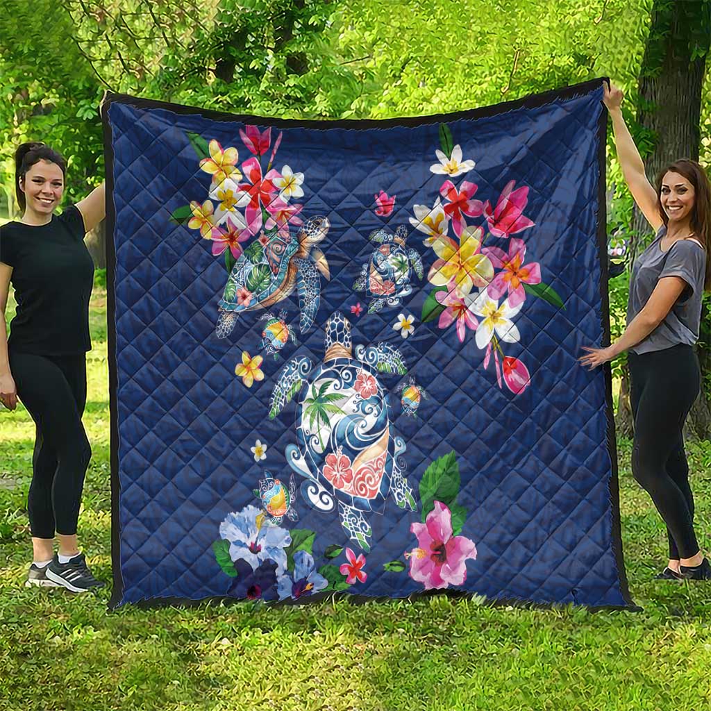 Hawaiian Turtles and Tropical Plants Quilt Blue Watercolor