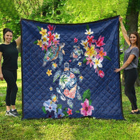 Hawaiian Turtles and Tropical Plants Quilt Blue Watercolor
