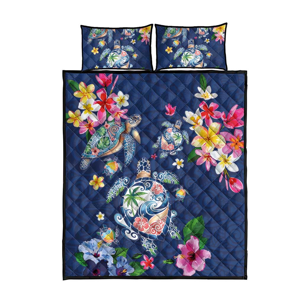 Hawaiian Turtles and Tropical Plants Quilt Bed Set Blue Watercolor