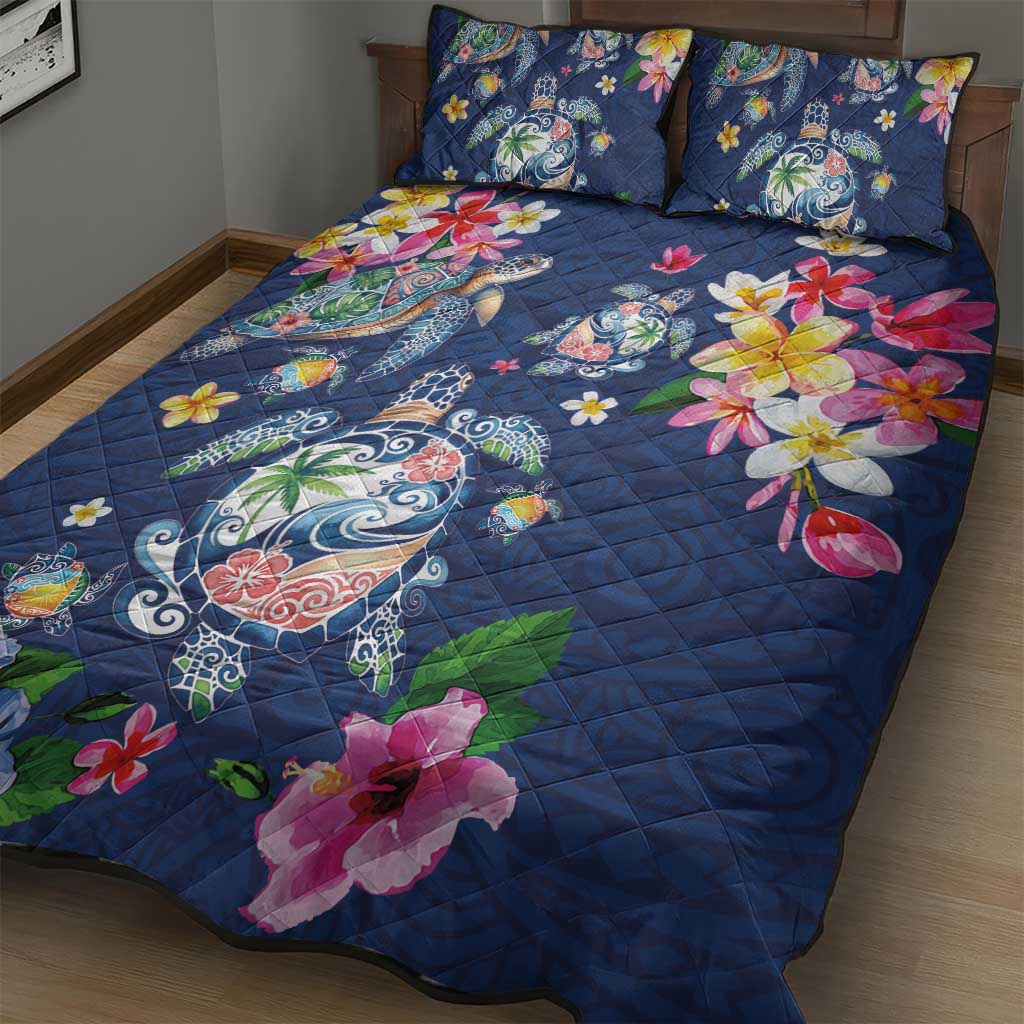 Hawaiian Turtles and Tropical Plants Quilt Bed Set Blue Watercolor