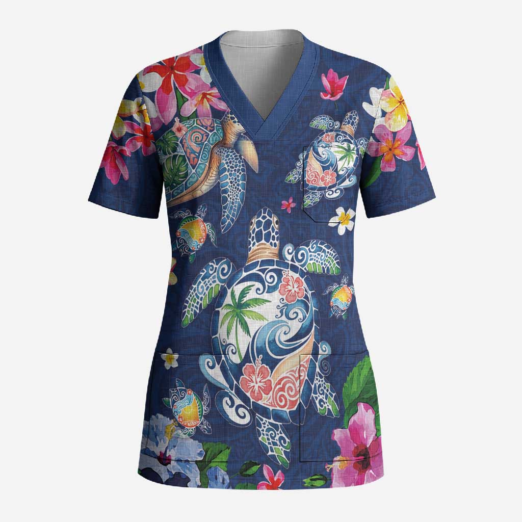 Hawaiian Turtles and Tropical Plants Scrub Top Blue Watercolor
