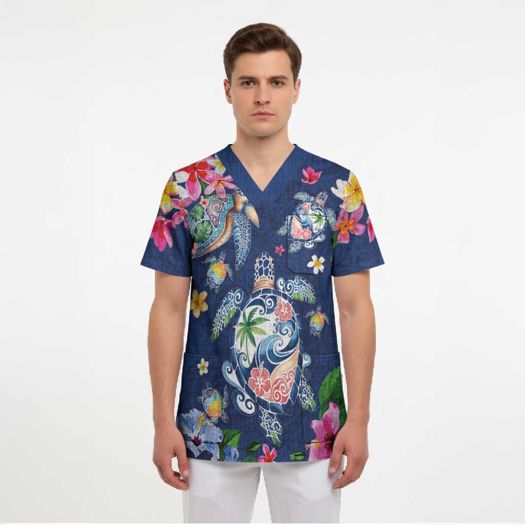 Hawaiian Turtles and Tropical Plants Scrub Top Blue Watercolor