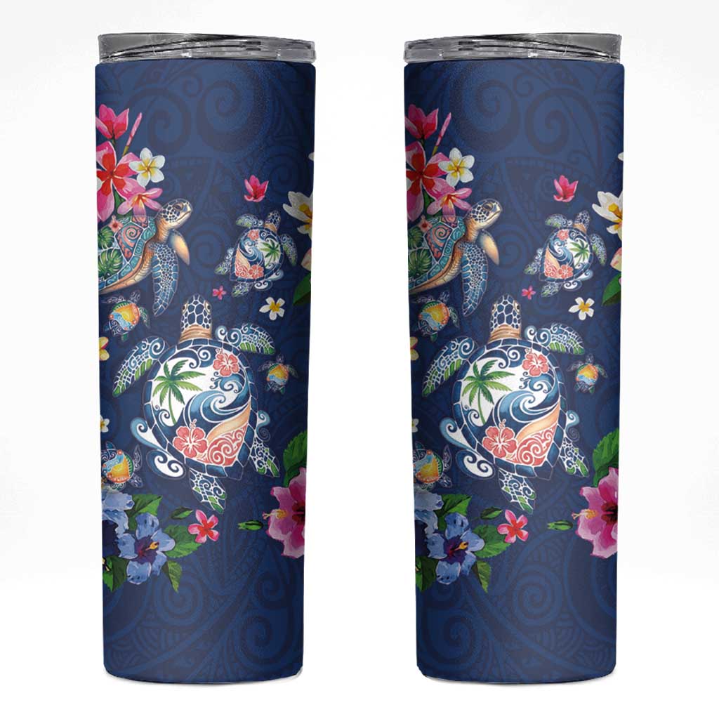 Hawaiian Turtles and Tropical Plants Skinny Tumbler Blue Watercolor