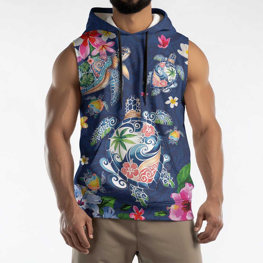 Hawaiian Turtles and Tropical Plants Sleeveless Hoodie Blue Watercolor