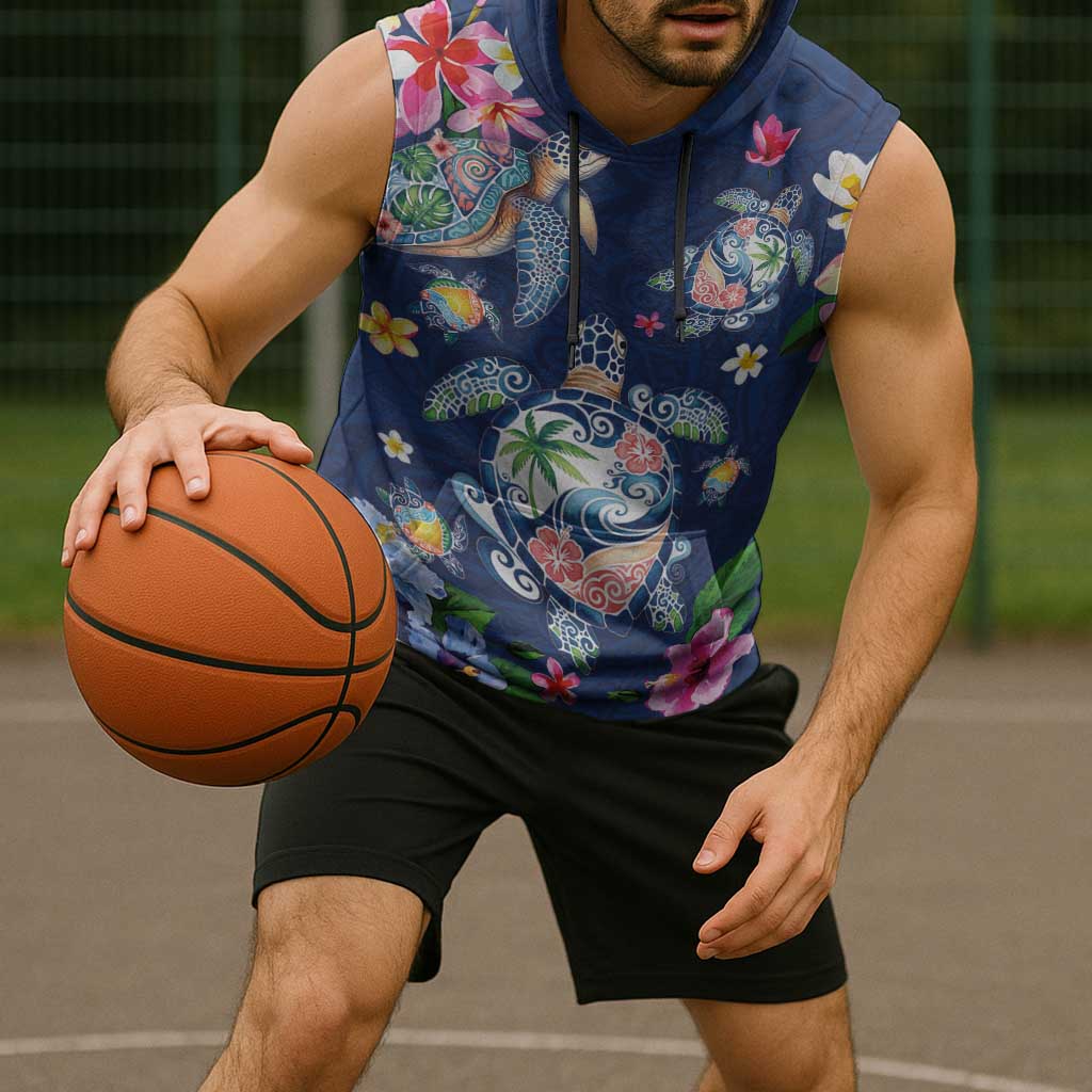 Hawaiian Turtles and Tropical Plants Sleeveless Hoodie Blue Watercolor