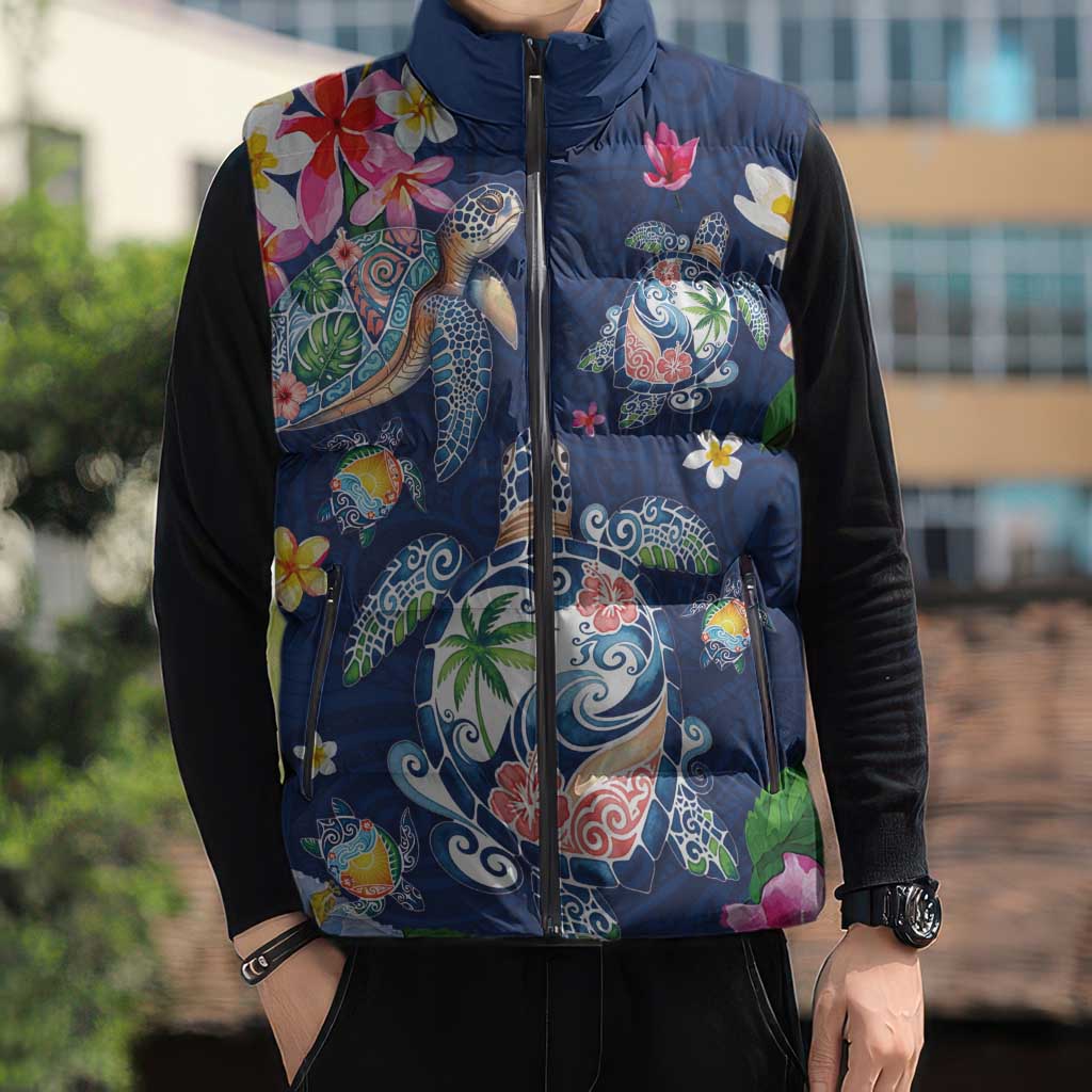 Hawaiian Turtles and Tropical Plants Sleeveless Puffer Jacket Blue Watercolor