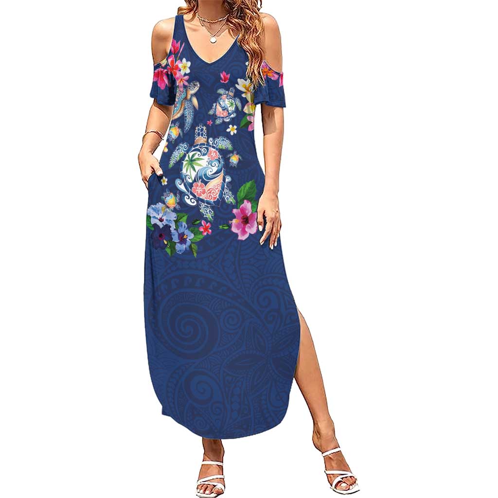 Hawaiian Turtles and Tropical Plants Summer Maxi Dress Blue Watercolor LT03 Women Blue - Polynesian Pride