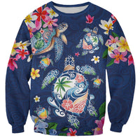 Hawaiian Turtles and Tropical Plants Sweatshirt Blue Watercolor