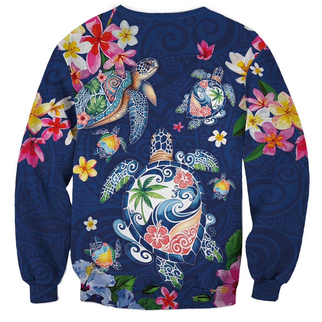Hawaiian Turtles and Tropical Plants Sweatshirt Blue Watercolor