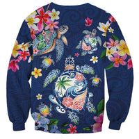 Hawaiian Turtles and Tropical Plants Sweatshirt Blue Watercolor