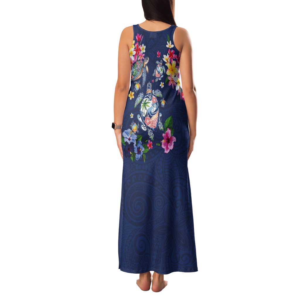 Hawaiian Turtles and Tropical Plants Tank Maxi Dress Blue Watercolor