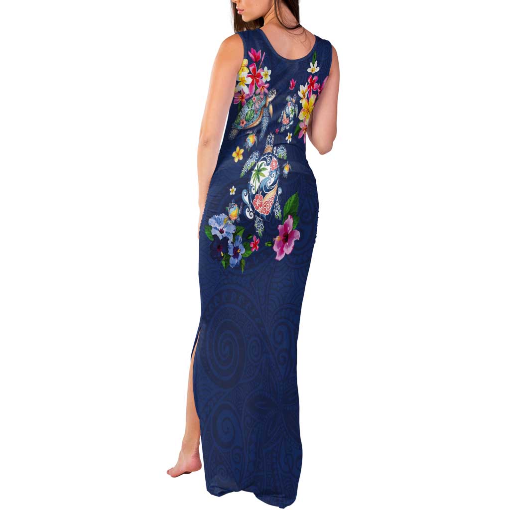 Hawaiian Turtles and Tropical Plants Tank Maxi Dress Blue Watercolor