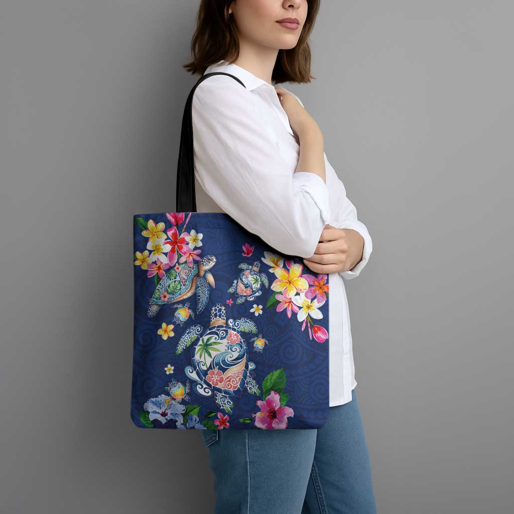Hawaiian Turtles and Tropical Plants Tote Bag Blue Watercolor