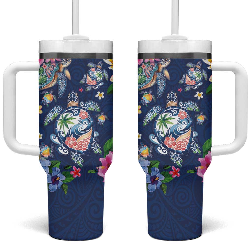 Hawaiian Turtles and Tropical Plants Tumbler With Handle Blue Watercolor LT03 One Size: 40 oz Blue - Polynesian Pride