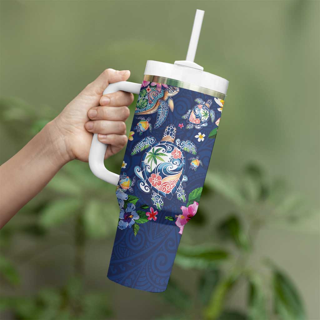 Hawaiian Turtles and Tropical Plants Tumbler With Handle Blue Watercolor LT03 - Polynesian Pride