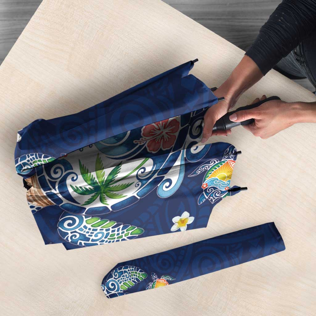 Hawaiian Turtles and Tropical Plants Umbrella Blue Watercolor