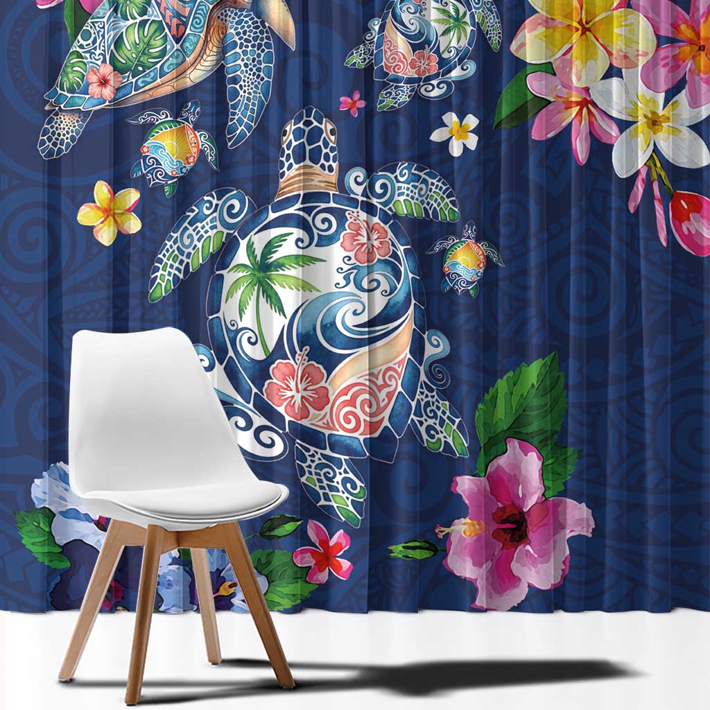 Hawaiian Turtles and Tropical Plants Window Curtain Blue Watercolor