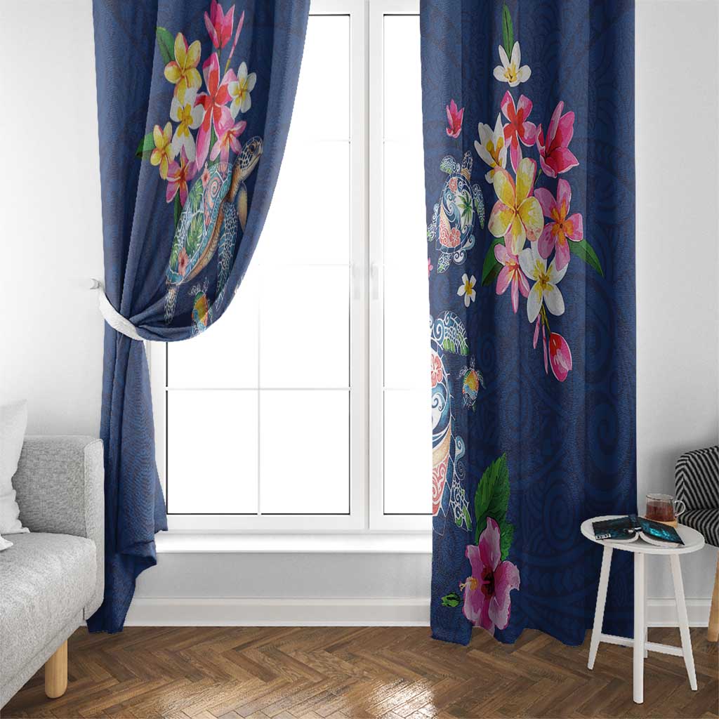 Hawaiian Turtles and Tropical Plants Window Curtain Blue Watercolor