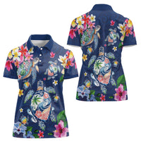 Hawaiian Turtles and Tropical Plants Women Polo Shirt Blue Watercolor
