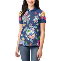 Hawaiian Turtles and Tropical Plants Women Polo Shirt Blue Watercolor