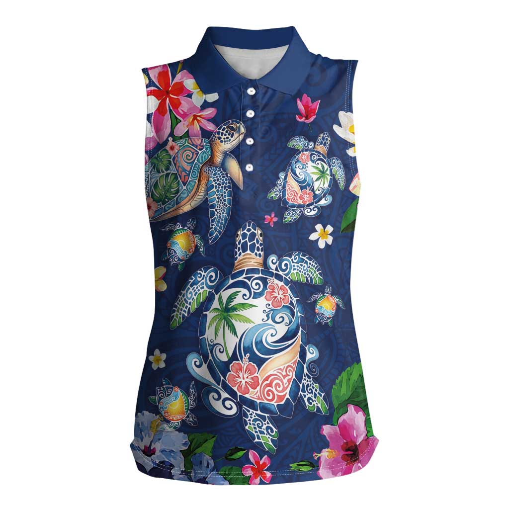 Hawaiian Turtles and Tropical Plants Women Sleeveless Polo Shirt Blue Watercolor