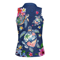 Hawaiian Turtles and Tropical Plants Women Sleeveless Polo Shirt Blue Watercolor
