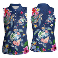 Hawaiian Turtles and Tropical Plants Women Sleeveless Polo Shirt Blue Watercolor