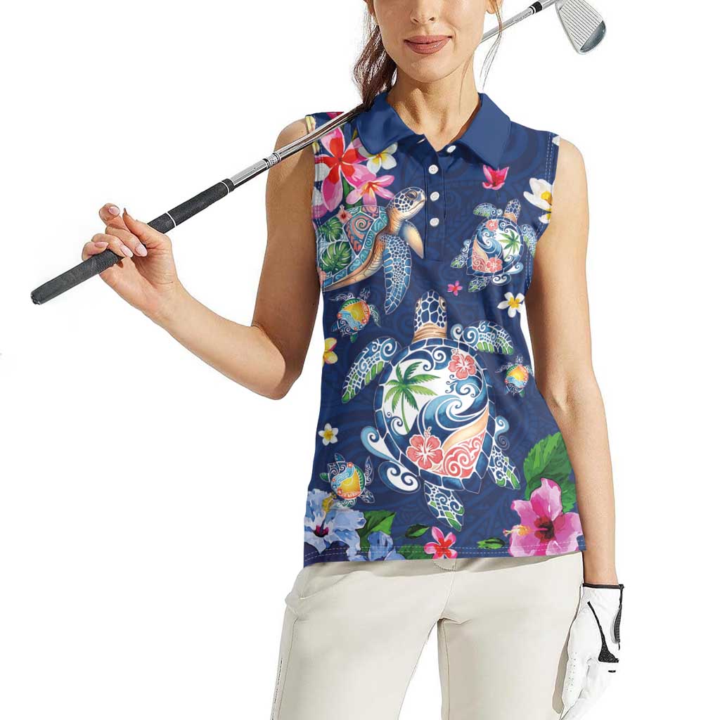 Hawaiian Turtles and Tropical Plants Women Sleeveless Polo Shirt Blue Watercolor
