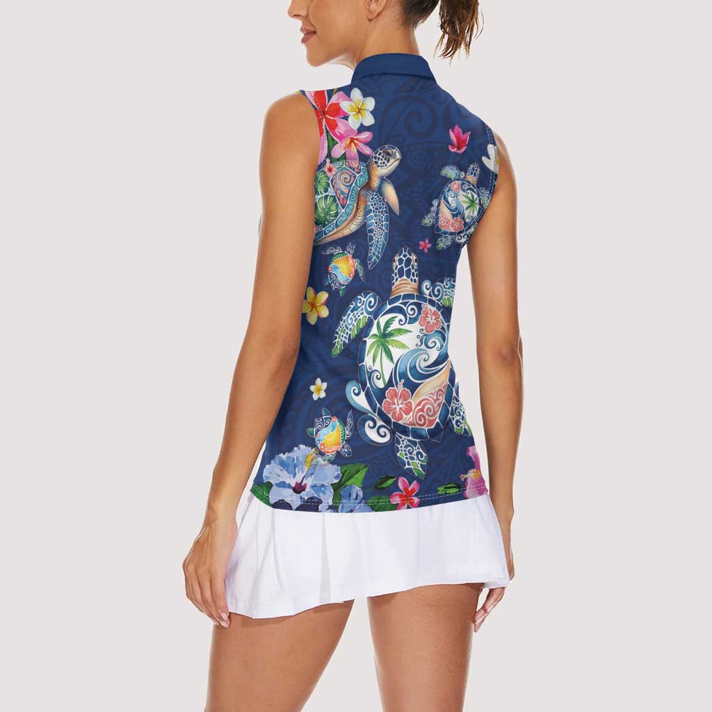 Hawaiian Turtles and Tropical Plants Women Sleeveless Polo Shirt Blue Watercolor