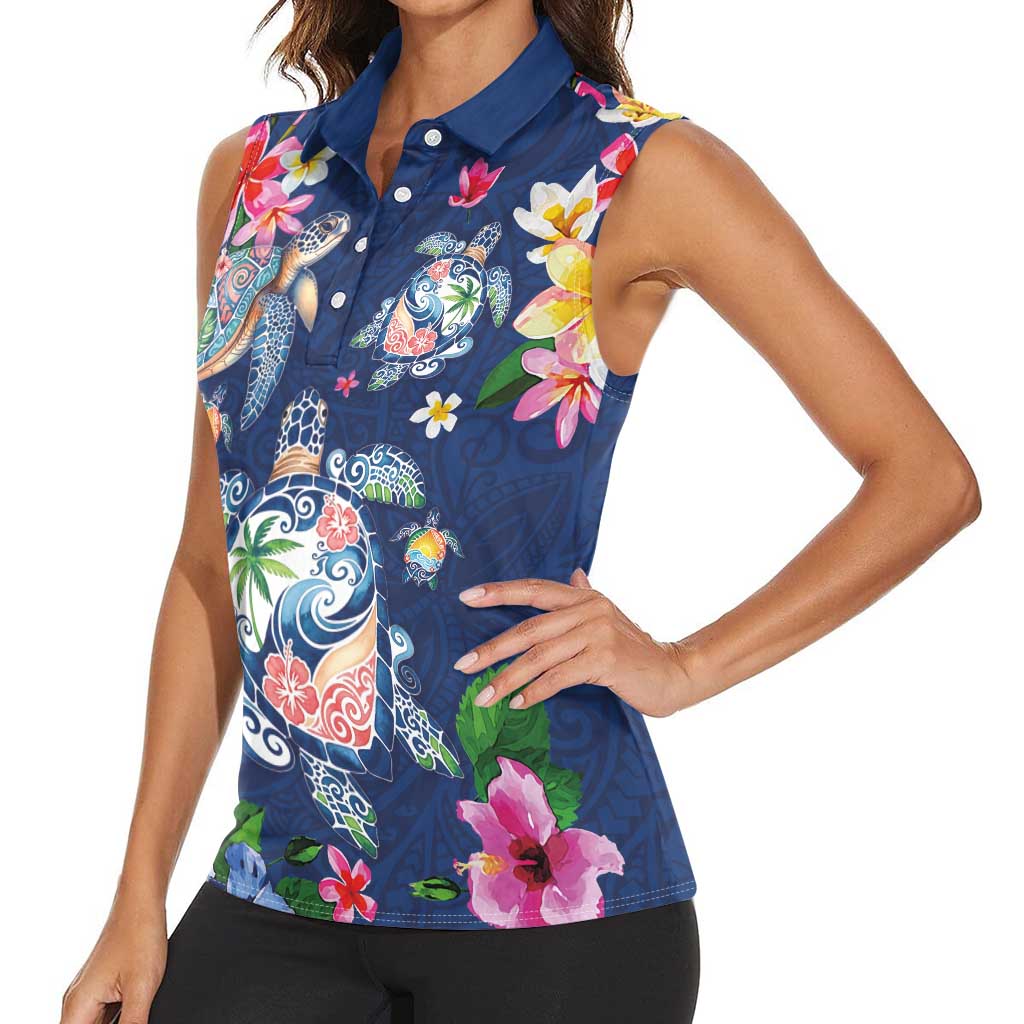 Hawaiian Turtles and Tropical Plants Women Sleeveless Polo Shirt Blue Watercolor