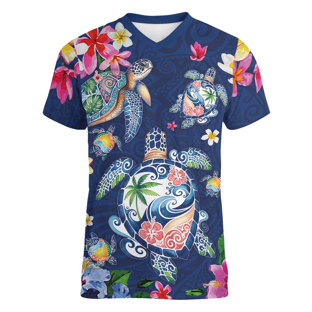 Hawaiian Turtles and Tropical Plants Women V-Neck T-Shirt Blue Watercolor