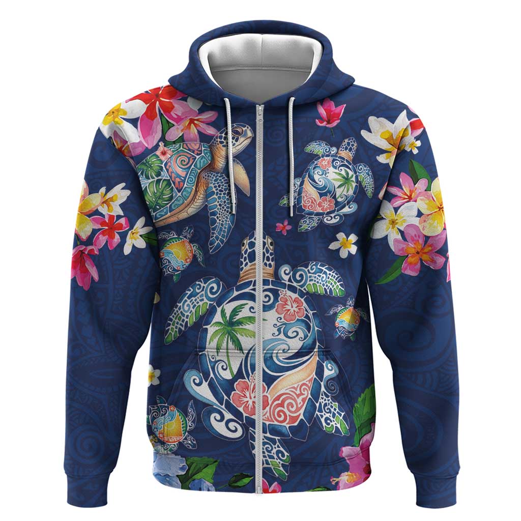 Hawaiian Turtles and Tropical Plants Zip Hoodie Blue Watercolor LT03 Zip Hoodie Blue - Polynesian Pride
