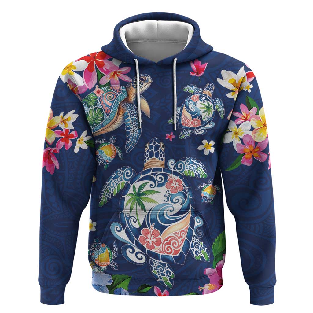 Hawaiian Turtles and Tropical Plants Zip Hoodie Blue Watercolor LT03 Pullover Hoodie Blue - Polynesian Pride