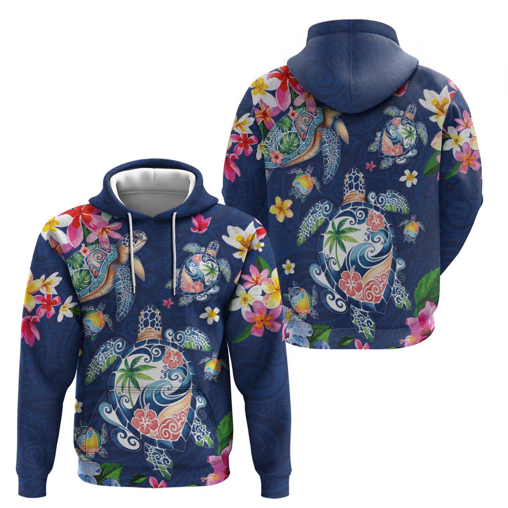 Hawaiian Turtles and Tropical Plants Zip Hoodie Blue Watercolor LT03 - Polynesian Pride