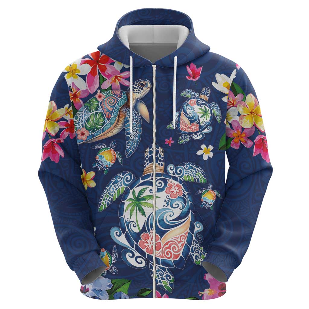 Hawaiian Turtles and Tropical Plants Zip Hoodie Blue Watercolor LT03 - Polynesian Pride